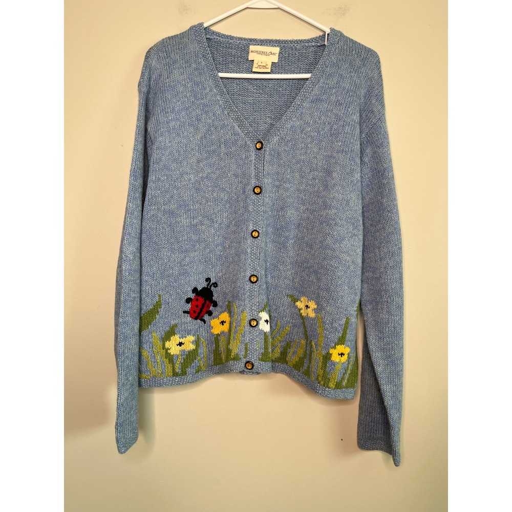 2000s Monterey Bay Spring Floral Ladybug Linen Cotton Scenic Kidcore Cardigan L